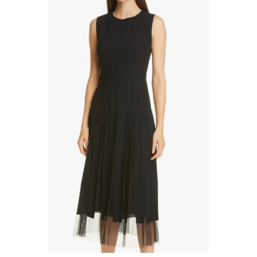 SOLD Hugo Boss Black Sleeveless Pleated Mesh Overlay Fit & Flare Midi Dress Sz - Picture 6 of 13